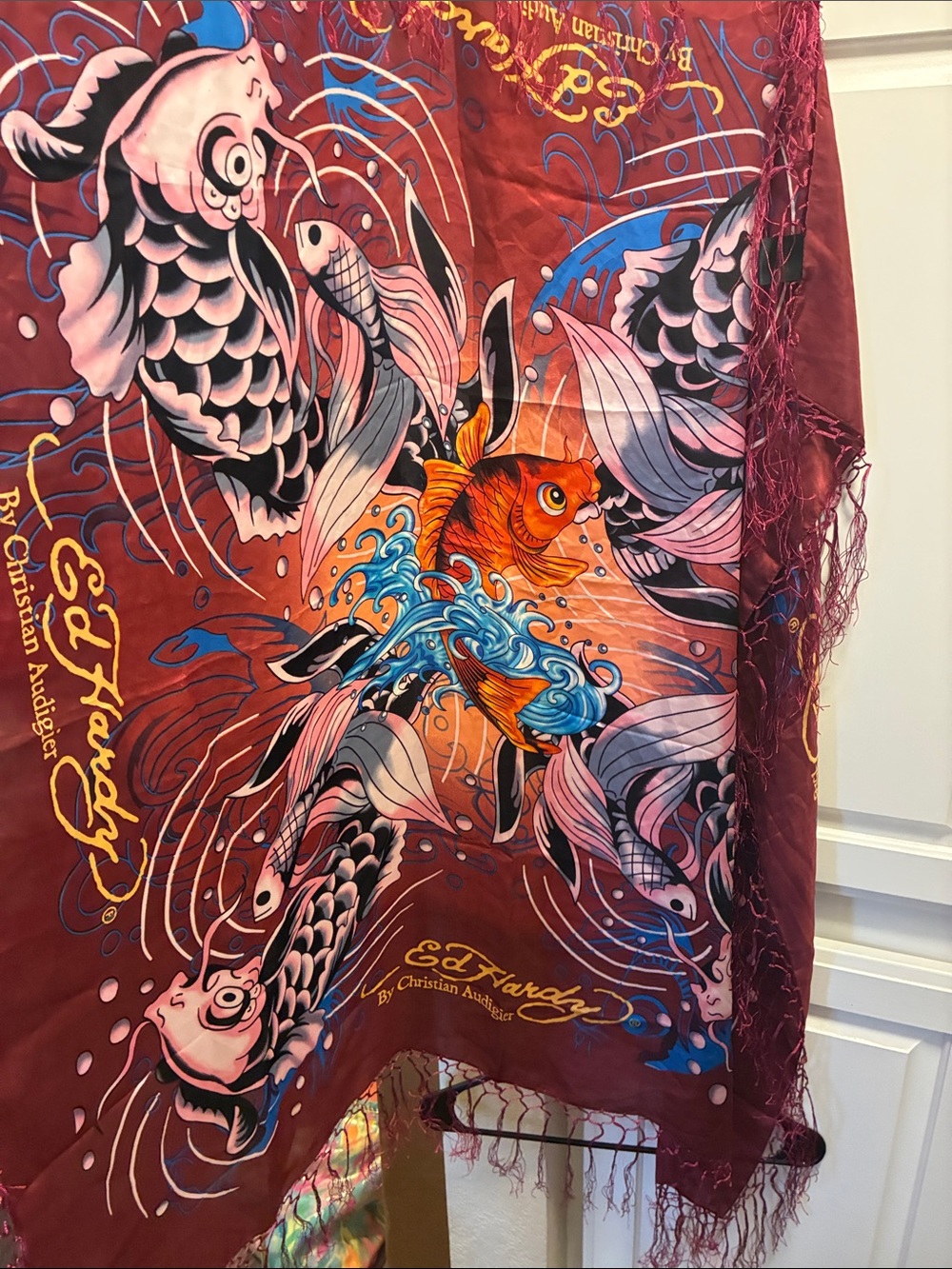 Ed Hardy by Christian Audigier 100% silk scarf features w/ koi fish artwork